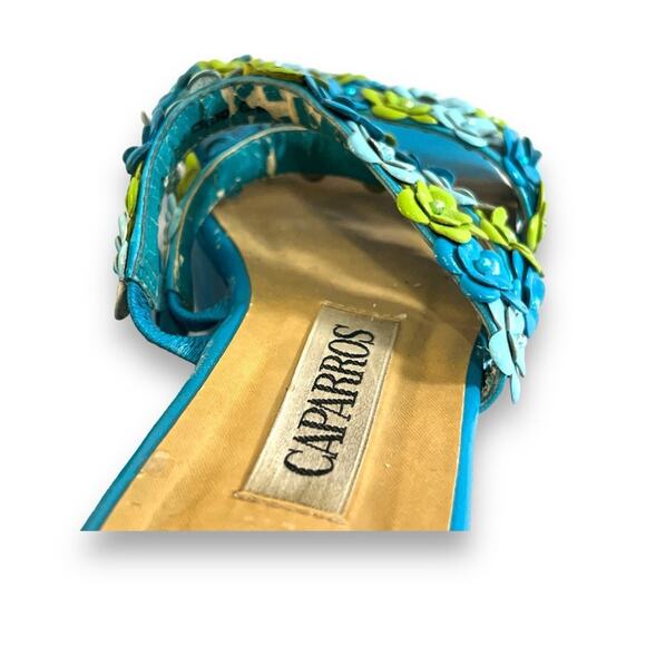 VINTAGE CAPARROS Turquoise Lime Floral and Bead Slide Platform Sandals SZ 6.5 - Picture 5 of 12